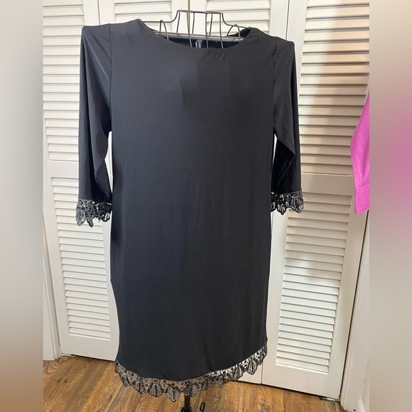Tiana B size 16 elegant black 3/4 sleeve dress with sequin trim stretch comfy - Picture 1 of 10